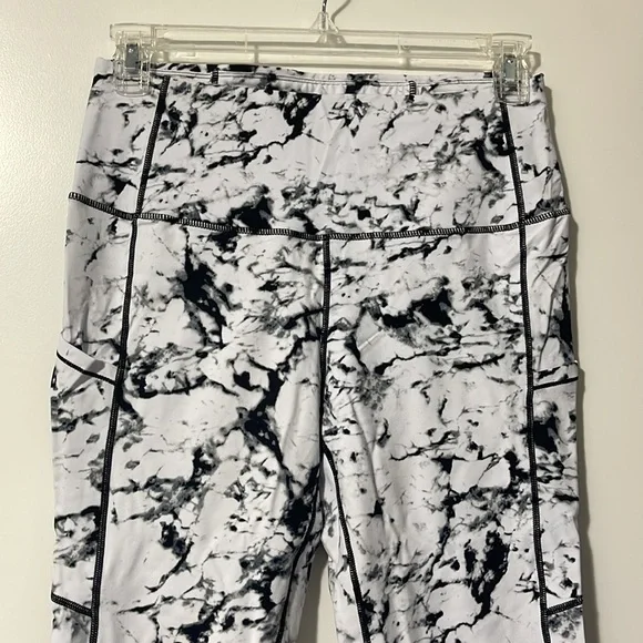 Women’s Size Large White/Black Marble Pattern High Waisted Yoga Pants w Pockets - Picture 2 of 8